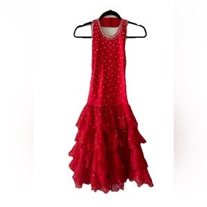 Women’s VTG Red Rhinestone Dance Dress Leotard Ruffle Skirt Y2K Costume M/L